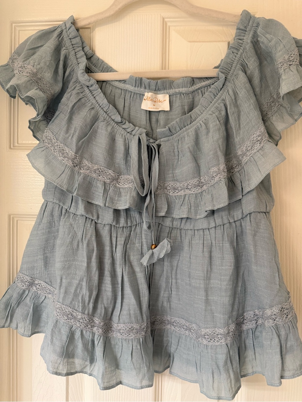Light Blue Ruffle Off-Shoulder Blouse with Tie Front